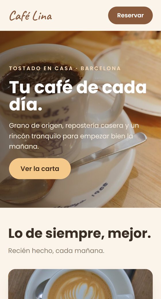 Cafetería — web rediseñada, en móvil